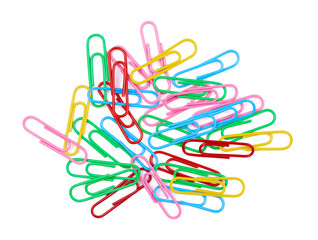scattered colorful paper clips isolated on white background