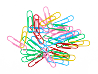 scattered colorful paper clips isolated on white background