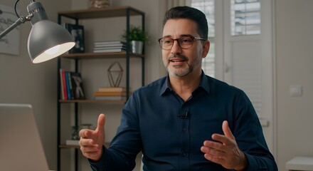 Engaging Speaker in Home Office: A middle-aged man with glasses passionately delivers a presentation or online lecture from his home office, conveying enthusiasm and expertise.