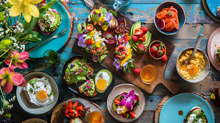 Overhead view of a colorful breakfast spread with avocado toast and eggs on a rustic wooden table .