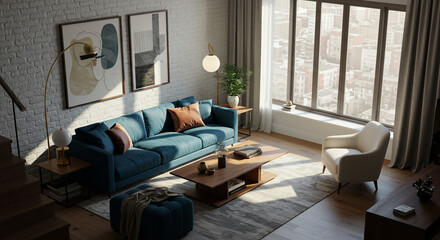 Serene modern living room sunlit apartment with a teal sofa soft natural light city view