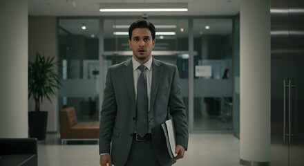 Confident Professional: A striking shot of a sharply dressed businessman in a modern office setting, exuding confidence and ambition with the poise.