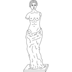 Lovely outline Greek sculpture of goddess Aphrodite or Venus without hands. Hand drawn ruined antique figure of mythology woman. Trendy sketch doodle of ancient classical female statue from marble.