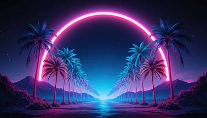 Fototapeta premium Vibrant neon sunset over palm trees tropical beach digital art nighttime scene futuristic vibe