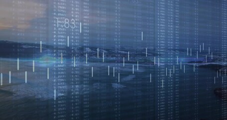 Financial chart overlay showing candlesticks and numbers floating over sea with mountains - Powered by Adobe