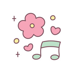 Cute floral illustration. Charming design of pastel pink flower, musical note, little hearts and sparkles. Simple hand drawn illustration isolated on a white background. Kawaii sticker. Vector 10 EPS.