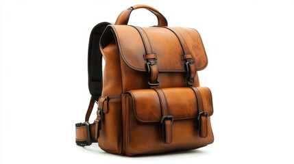 Naklejka premium Luxury leather travel backpack with minimalist design, perfect for business trips, isolate on white background