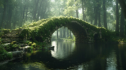 A serene waterway flows beneath an ancient moss-covered stone bridge, symbolizing the passage of time, historical connection, and the enduring bond between nature and human craftsmanship.

