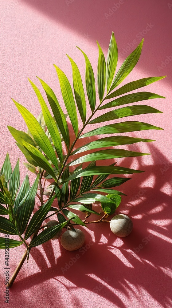 Poster palm frond on a pink surface with shadows and small round objects