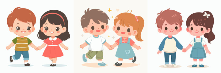set vector happy kids holding hands