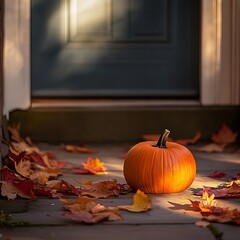 Autumnal pumpkin rests on porch steps, bathed in sunlight.