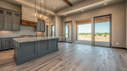 Spacious, modern kitchen with expansive patio views.
