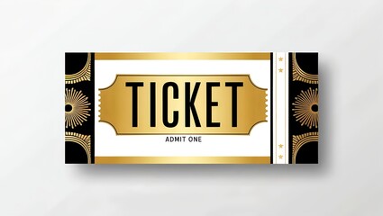 Vintage ticket in white, black and gold tones on light   background