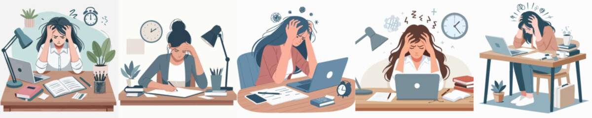 vector set of young women stressed while studying