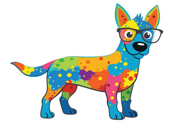 Colorful artistic dog  with colorful paint splatters on white background