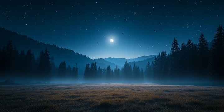 Mystical moonlit landscape with rolling hills and pine forests at night