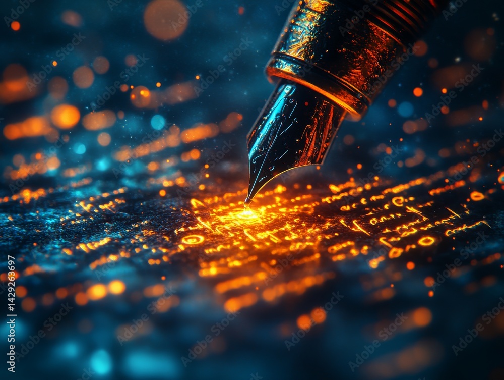 Poster ethereal script: a fountain pen inscribing glowing runes on a mystical surface, creating a sense of 