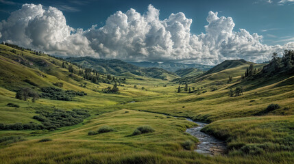 Obraz premium The image captures a picturesque landscape featuring rolling green hills, a small stream, and a dramatic sky with large, fluffy clouds