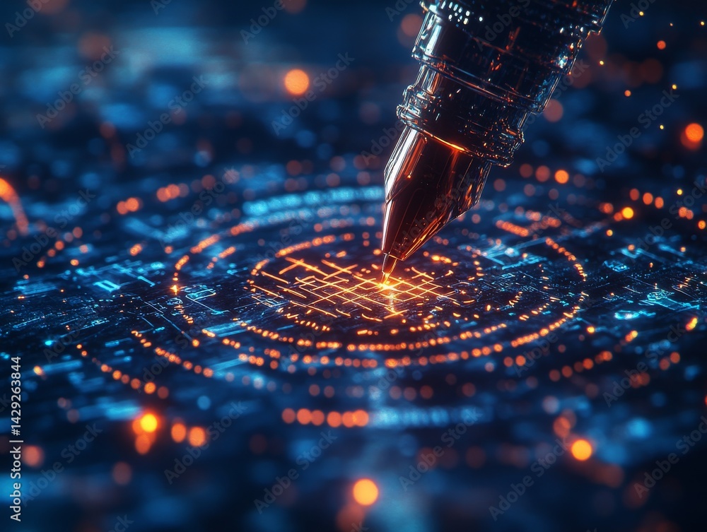 Poster futuristic digital design: stylus pen interacting with a glowing circuit board network, illuminating