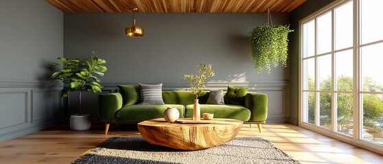 Sunlit living room with green sofa, wood coffee table, and plants
