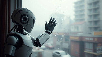 Robot looking out the window at a rainy cityscape