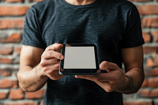 Man holding a tablet in front of a brick wall