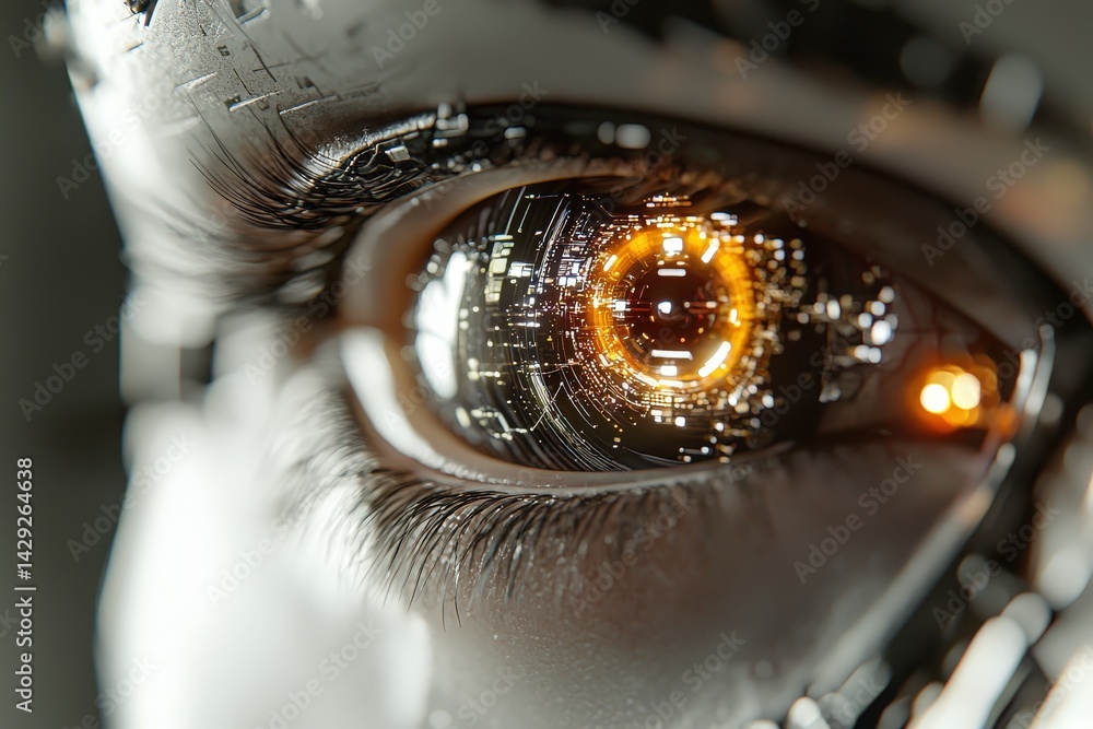 Poster a close-up of a robotic eye, featuring intricate digital patterns and a glowing orange core, symboli