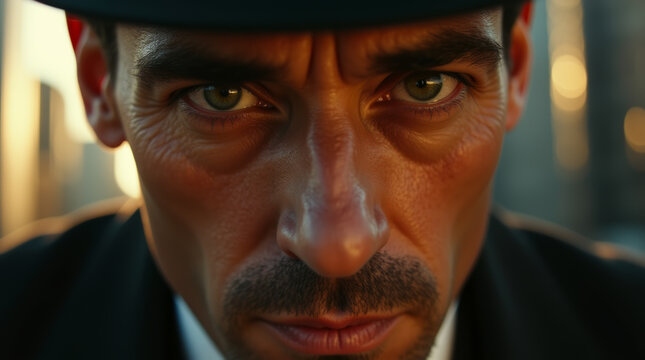 Portrait of a man with a piercing gaze, close-up of his face with expressive eyes, soft lighting creates an atmosphere of mystery of the mid-20th century