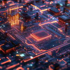 Obraz premium A highly detailed 3D circuit board with holographic elements and neon-lit trails, blending physical and digital aspects to evoke futuristic infrastructure.