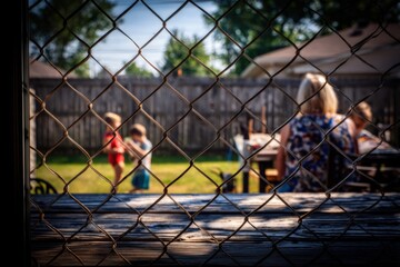 Children Playing Outdoors Behind a Fence in a Sunny Backyard