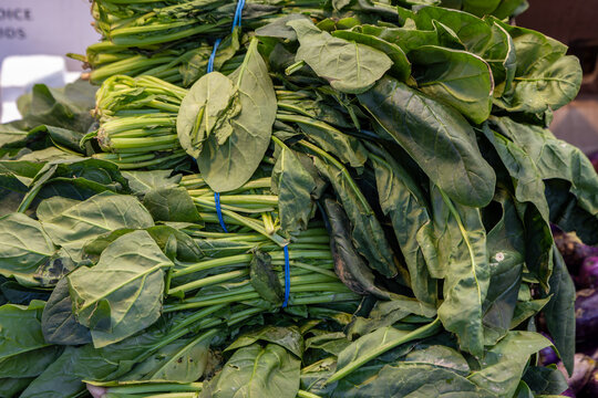 A close up of spinach ready to be sold, on a market stall in London