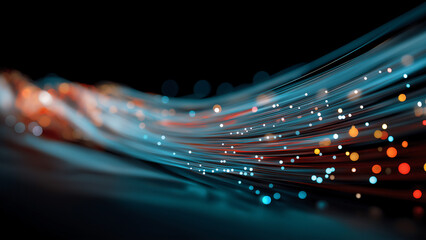 Simulating digital communication or data flow, vibrant lines of blue and orange light stream across the darkness, accented by glowing light points.