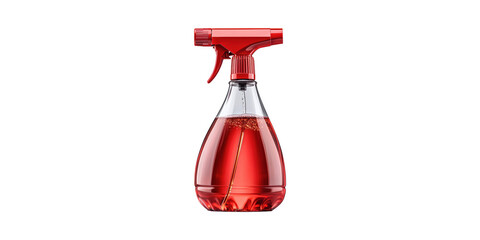 Red Spray Bottle With Liquid. Cleaning And Disinfection Concept Isolated On Transparent Background