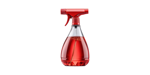 Red Spray Bottle With Liquid. Cleaning And Disinfection Concept Isolated On Transparent Background