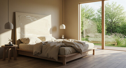 Fototapeta premium Serene bedroom design sunlit minimalist bed natural wood calming neutral tones lush garden view