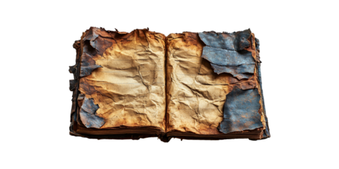 Ancient Burnt Book With Tattered Pages. Symbol Of History And Lost Knowledge Isolated On Transparent Background