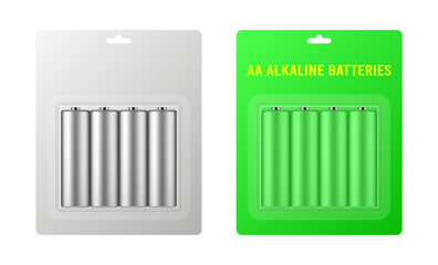 AA alkaline batteries in a package with transparent window and hanging hole. Realistic mockup