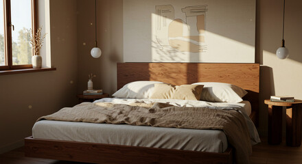 Serene bedroom with warm sunlight illuminating a cozy bed wooden frame and minimalist decor Soft