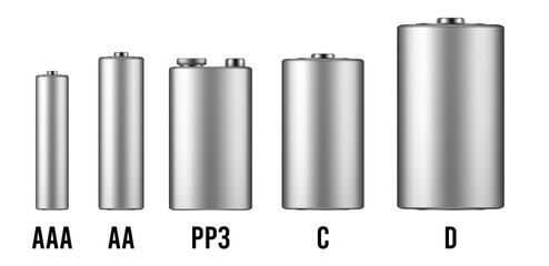Silver battery mockup. Set of different types of alkaline batteries. AAA, AA, PP3, C and D types. Realistic vector illustration