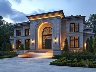 Fototapeta premium a grand, two-story house with a symmetrical design, featuring large arched windows, a central doorway, and a stone facade. The house is surrounded by a well-manicured garden