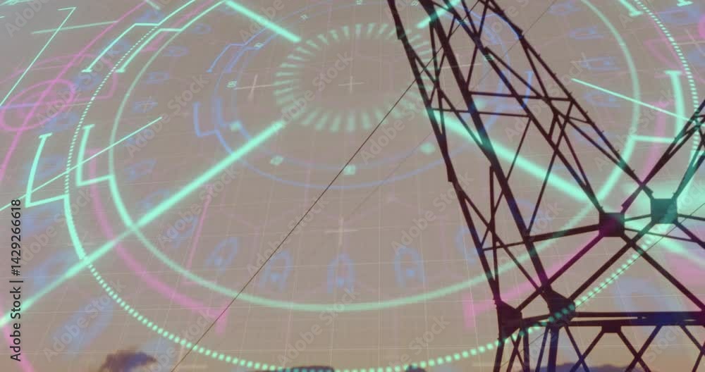Poster lattice power tower dominating right side while neon hud overlays pulsing across sky grid