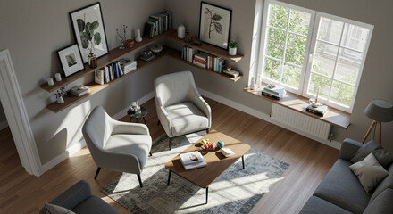 Sunlit living room with comfy armchairs bookshelves and a cozy rug natural light fills the space