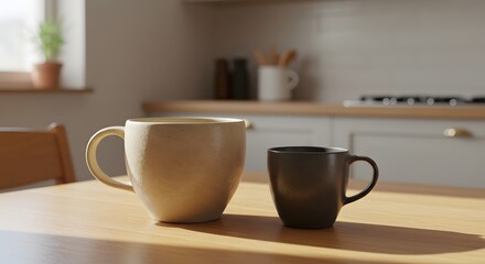 Fototapeta premium Large and small mugs on kitchen table in warm daylight