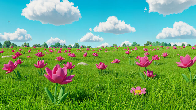 3D cartoon Spring meadow lovely pink flowers 3D natural background.
