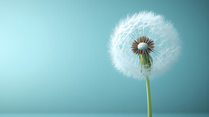 Soft dandelion fluff floating in the air against a light blue backdrop, representing delicate natural aesthetics and minimalism