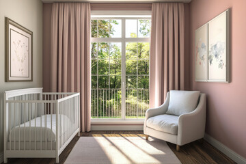 Fototapeta premium A serene and stylish nursery with a white crib, lace-patterned bedding, and a matching rocking chair against pastel pink walls