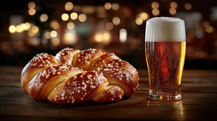 A pretzel wreath and beer on a wooden table