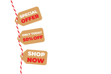 Empty Christmas New Year tags with bow and ribbon. Kraft paper background Sale 50% off, shop now with cotton red rope bakers twine. Packing string for gift, present. Flat isolated vector EPS10.