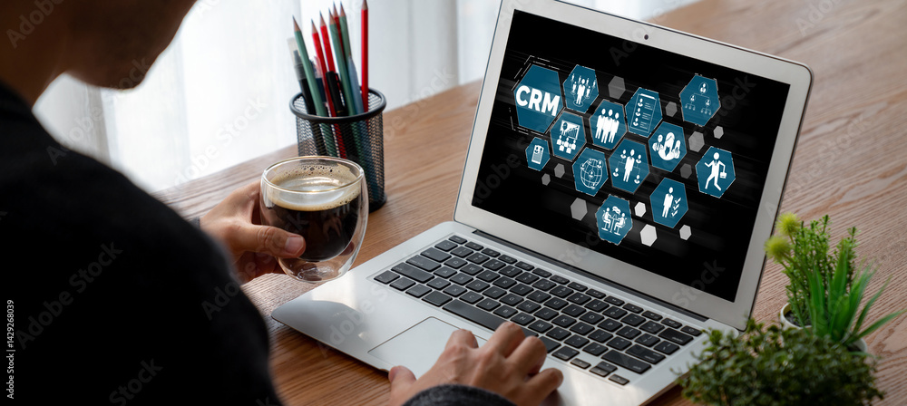 Poster customer relationship management system on modish computer for crm business and enterprise