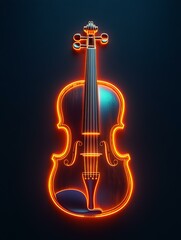 Fototapeta premium Neon violin illuminated in dark background.
